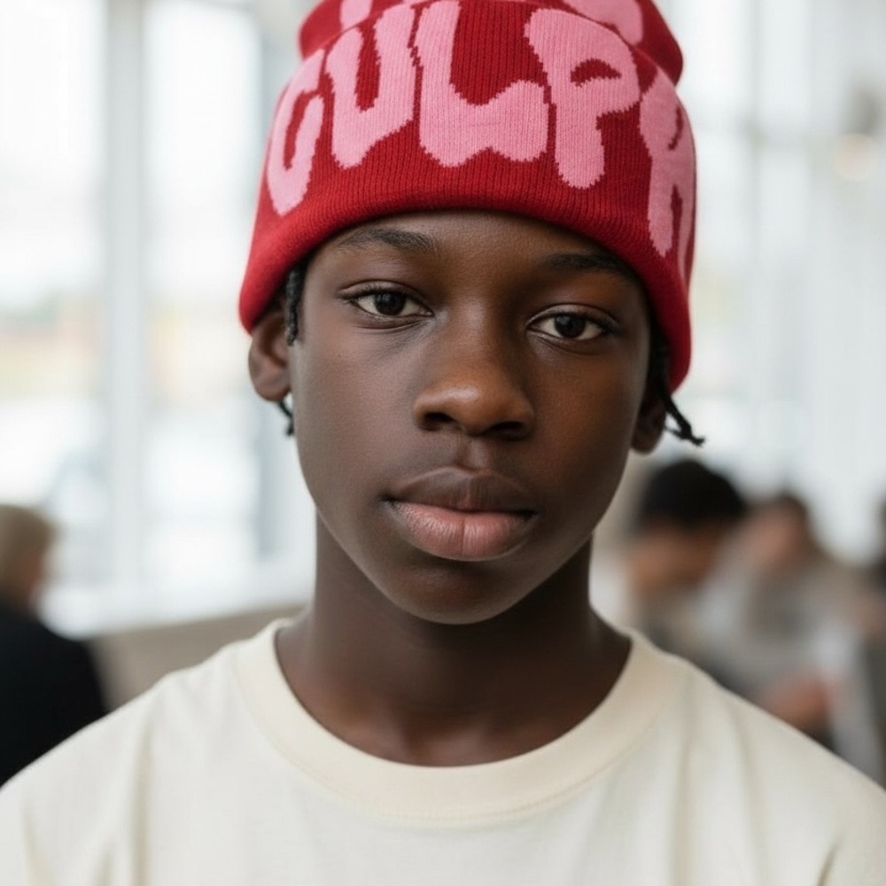 Y2K streetwear fashion beanie “mea culpa” in pink and burgundy.
